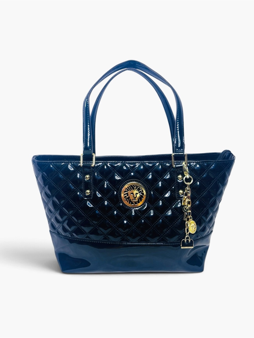 Anne Klein Quilted Patent Leather Shoulder Tote in Black with Gold Charm